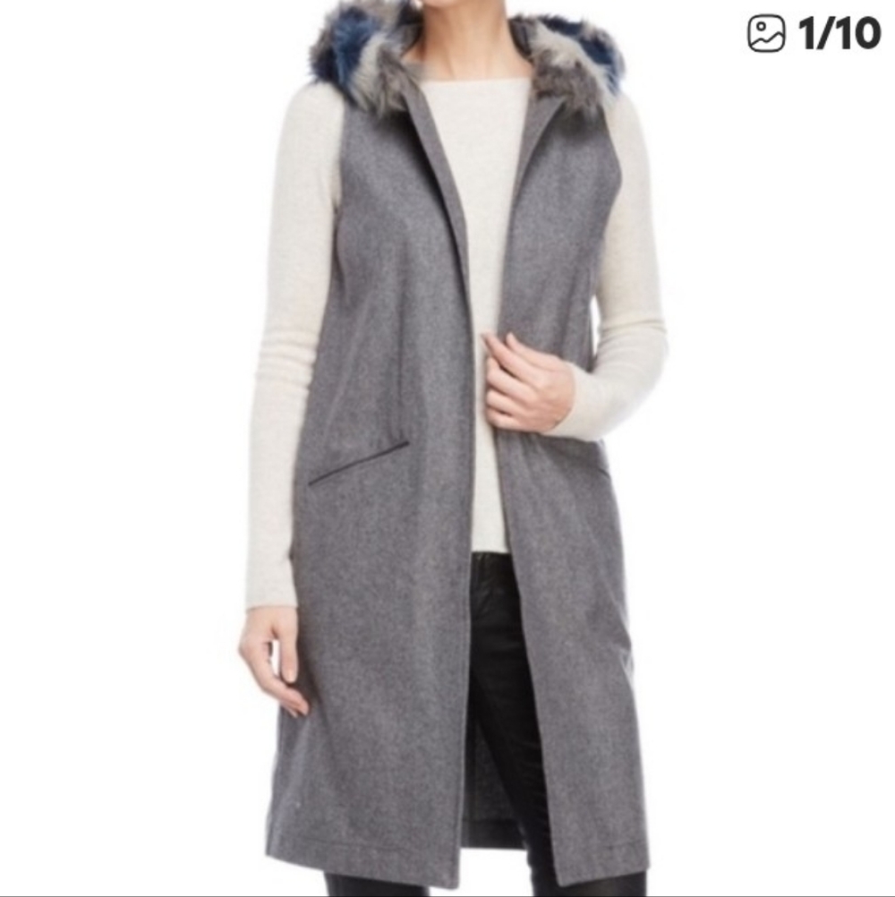 Steve Madden Gray Wool Blend Long Vest With Faux Fur Trim Hoodie